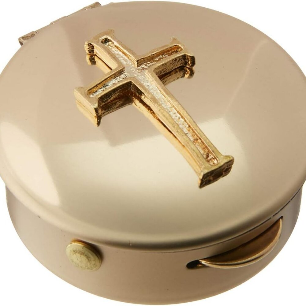 Polished Brass with Cross Jewelry‎ Pill Keepsake Box Gold Beauty Vanity